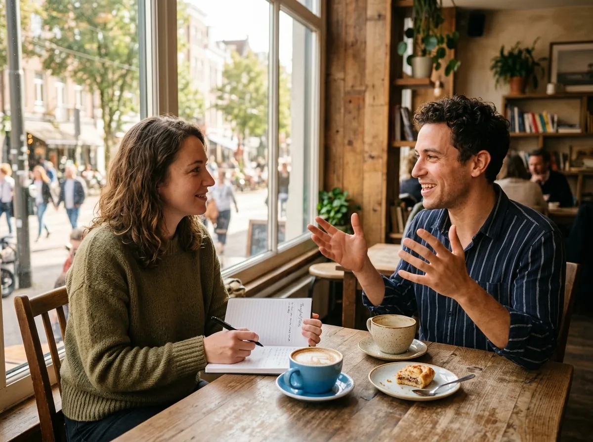 Two people talking over coffee at a sunlit café table, one taking notes