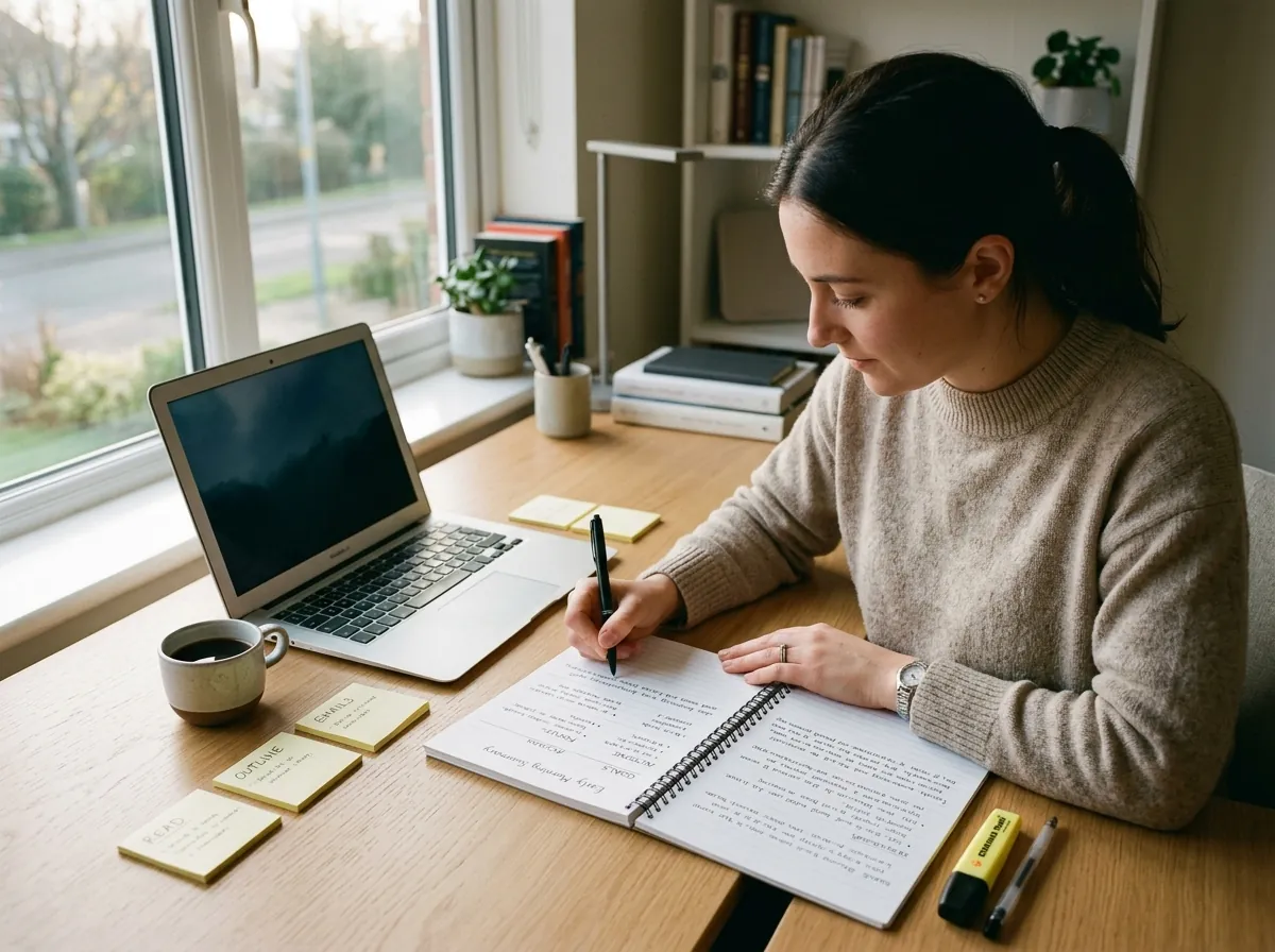 A person at a tidy desk writing a summary in a notebook beside a laptop