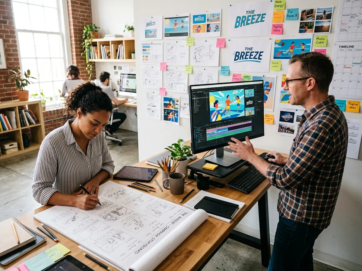 A creative team in a studio sketching storyboards and editing an animated ad