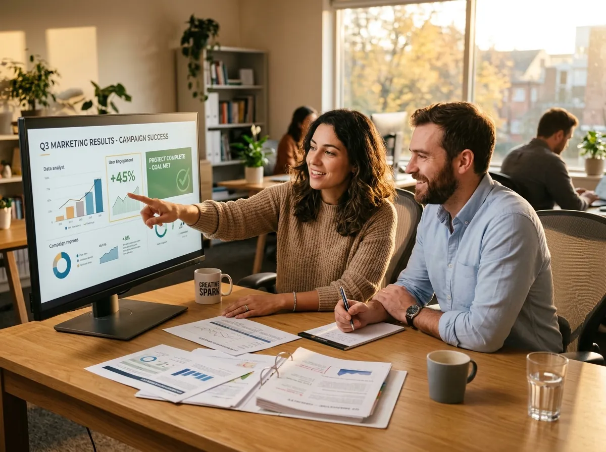 Two people at a desk reviewing campaign results together on a monitor