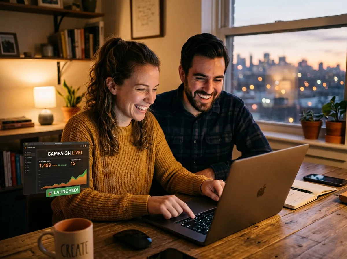 Two people smiling at a laptop as their campaign dashboard goes live at dusk